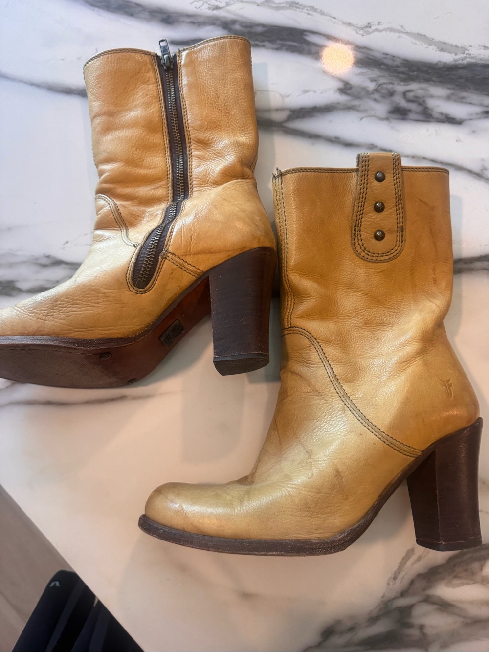 Frye Tan Mustard Leather Mid-Height Heeled Ankle Boots
